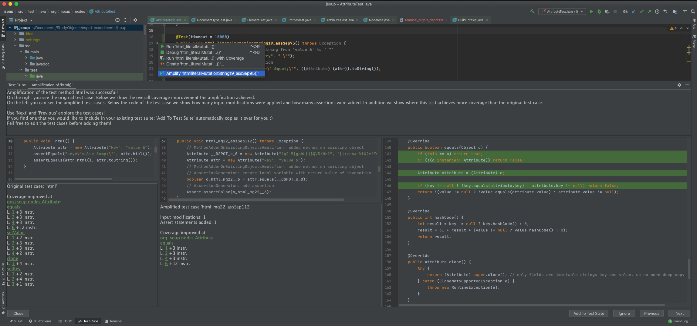 Screenshot of the Test Cube Plugin in IntellJ. Showing the instructions, the original test case, the amplified test cases and the lines where more instructions were covered